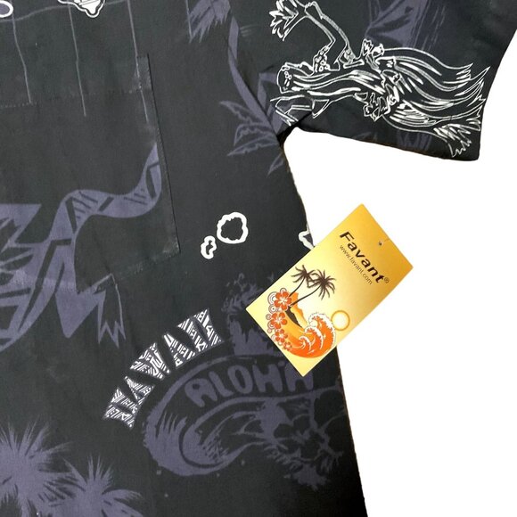 NWT HAWAIIAN GECKO SHIRT SZ M BLACK ALL OVER PRINT FAVANT HULA GIRLS ISLANDS MEN - Picture 4 of 6